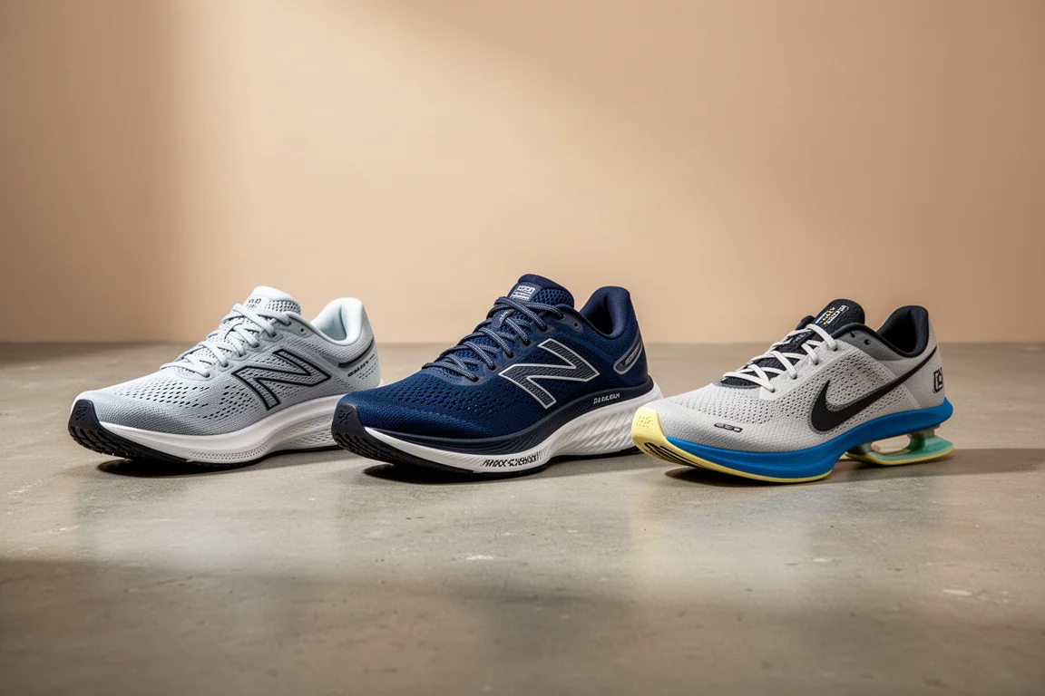 Row of three running shoes arranged on a concrete surface