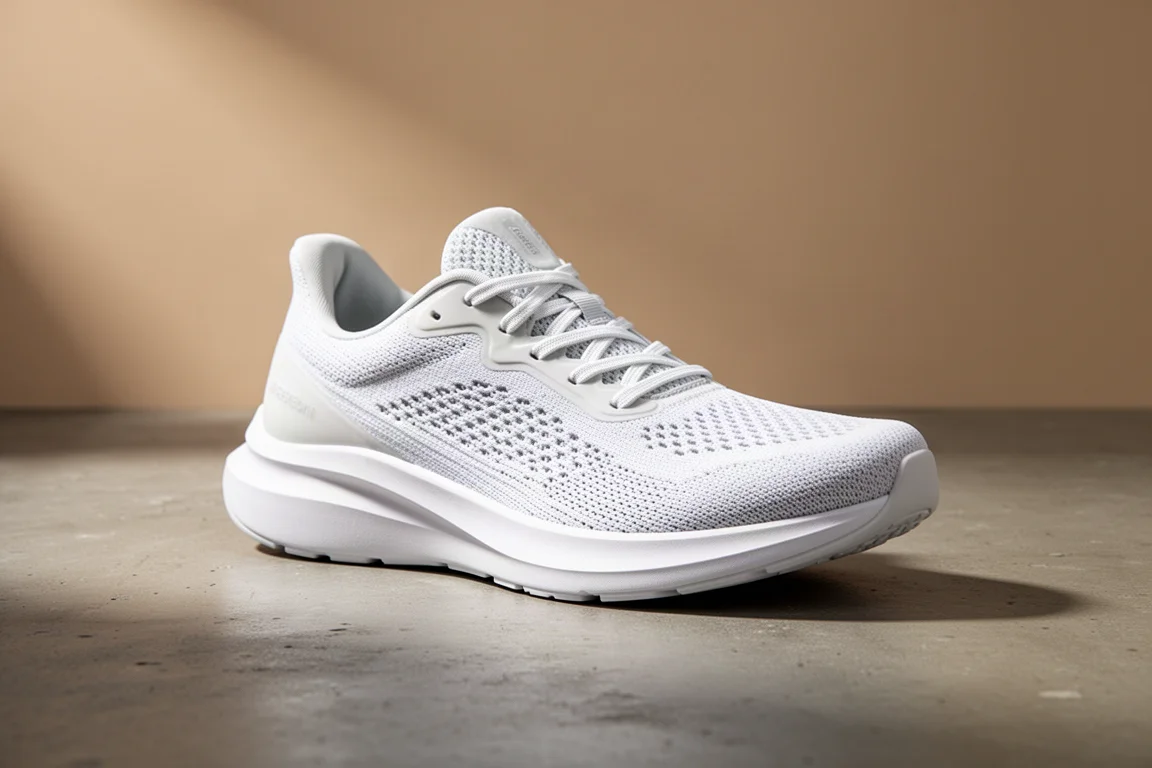 Scarpa da running leggera bianca con intersuola morbida su superficie di cemento