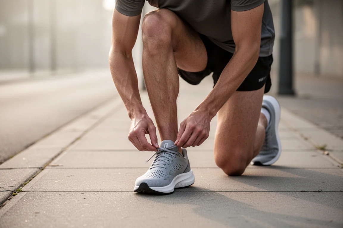 Hardloper strikt een strakzittende prestatiegerichte hardloopschoen vast vóór een training