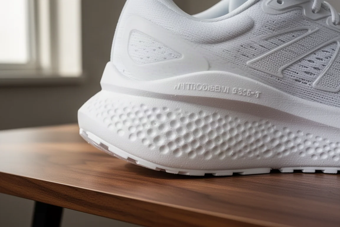 Primer plano de la mediasuela blanca con nitrógeno infundido de una zapatilla de running