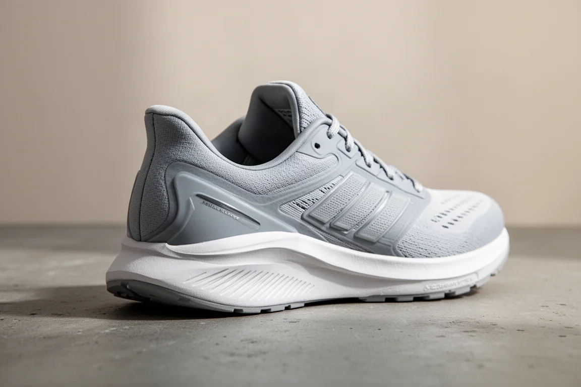 Detalle del contrafuerte del talón y el sistema de cordones de una zapatilla de running
