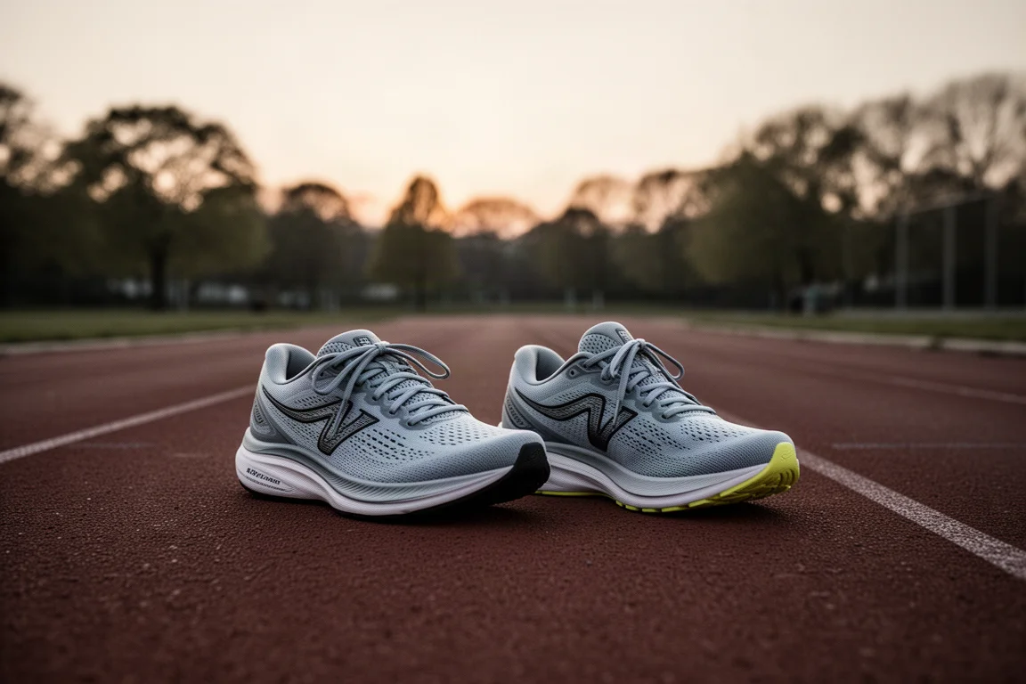 Dos zapatillas de running lado a lado sobre una pista al anochecer