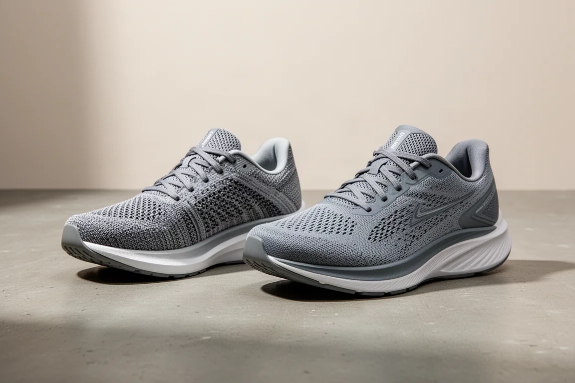 Two lightweight performance running shoes side by side on a concrete surface