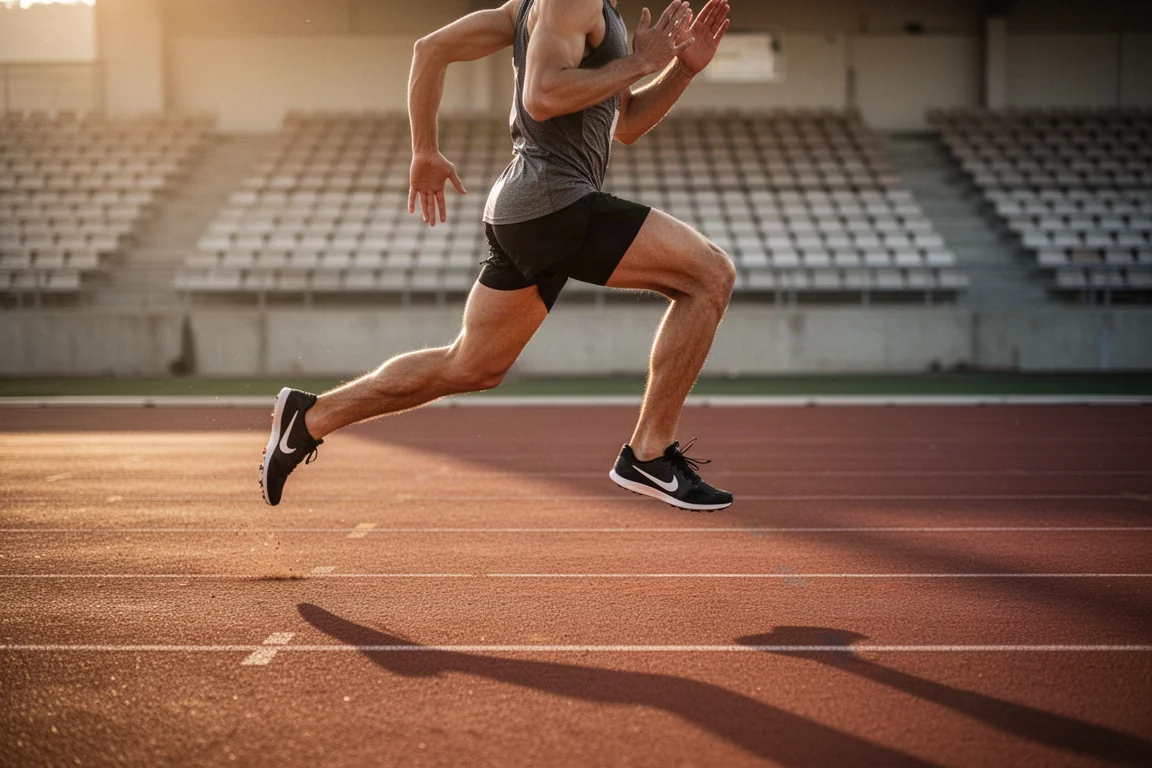 Atleta de pista corriendo series rápidas en una pista al aire libre con luz de tarde