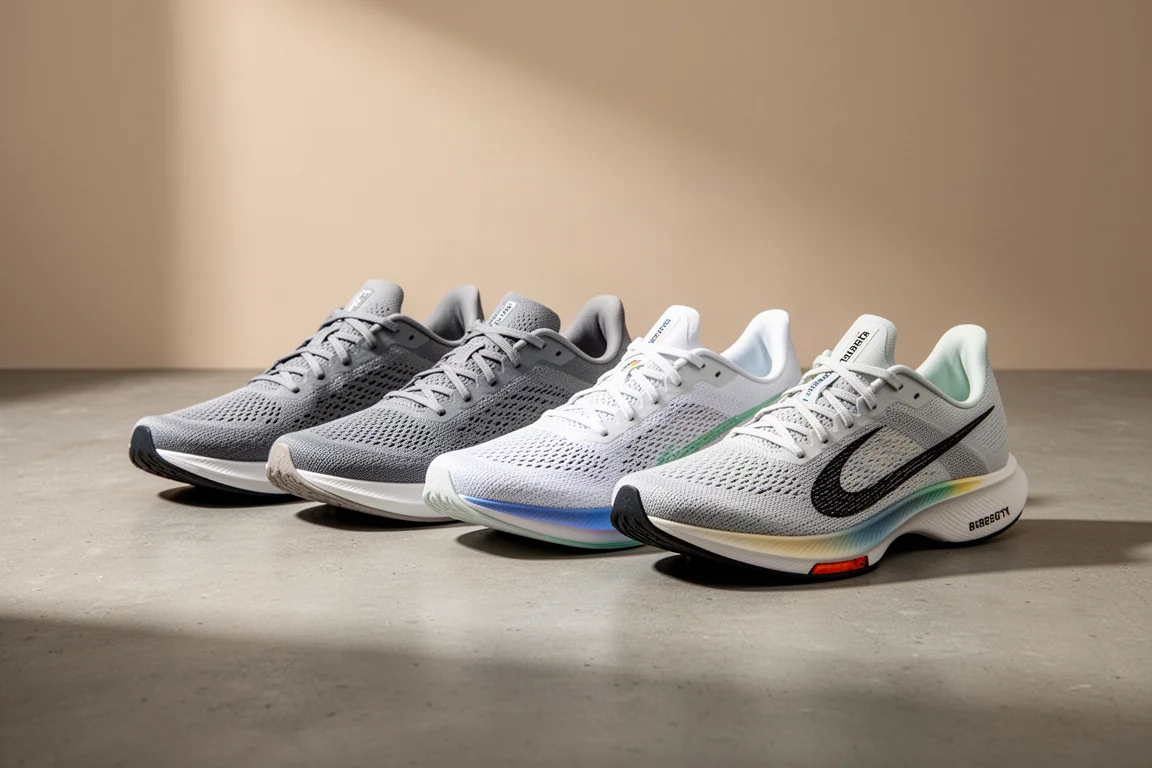 Cinque scarpe da running moderne allineate su una superficie di cemento opaco
