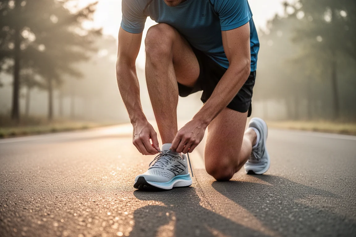 Un corridore allaccia una scarpa da running leggera su una strada tranquilla prima dell'allenamento