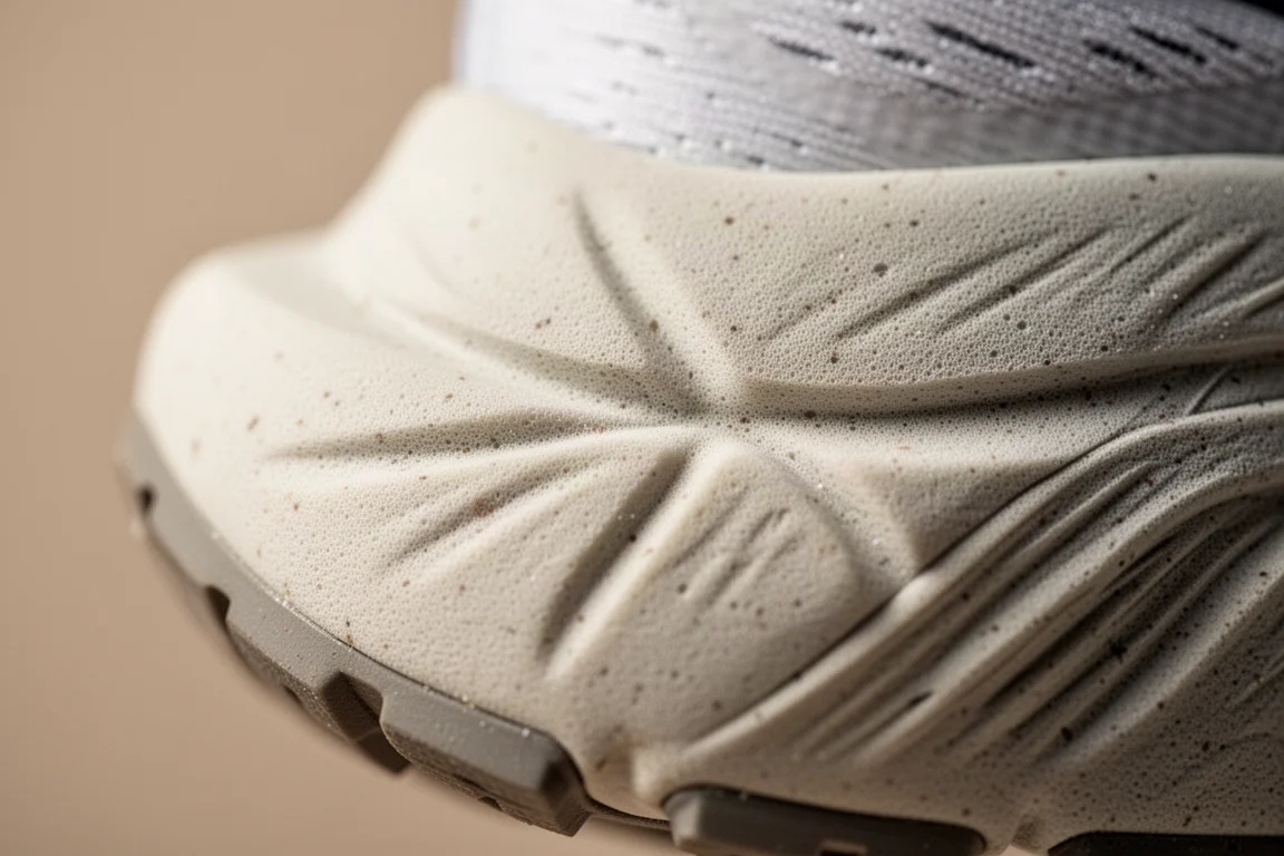 Primo piano della midsole di una scarpa da running con leggere pieghe nella schiuma