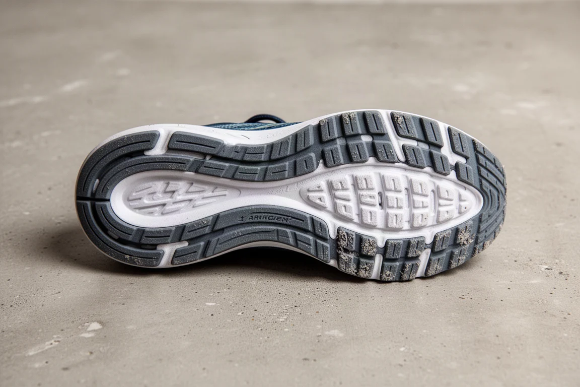 Suola esterna di una scarpa da running con usura minima della gomma dopo 100 miglia
