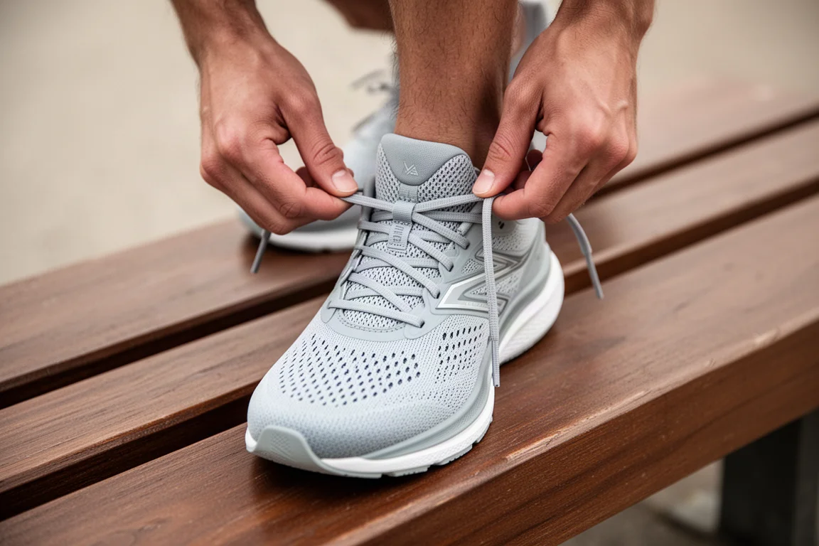 Nahaufnahme von Füßen und Schnürsenkeln eines Läufers mit gut sitzendem Schuh-Obermaterial