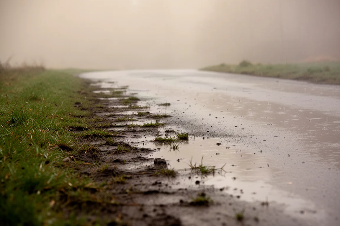 Ruhiger Trailrand mit Gras und nassem Pflaster nach einem Longrun