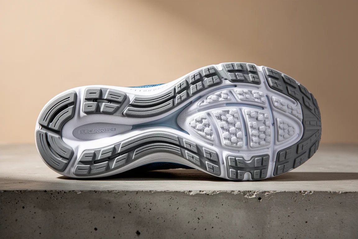 Zapatilla de running de perfil bajo apoyada en un banco de un parque al atardecer