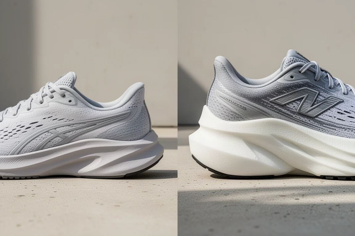 Two running shoes side by side showing the difference in midsole stack height