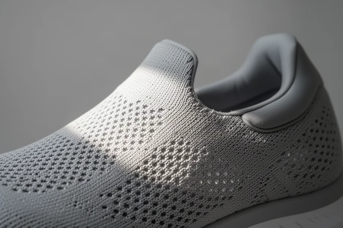 Close-up of a breathable engineered mesh running shoe upper