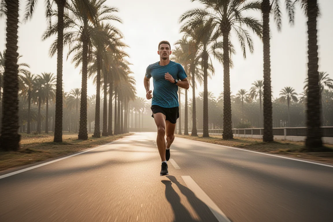 Runner cruising along a sunlit paved path in the early morning