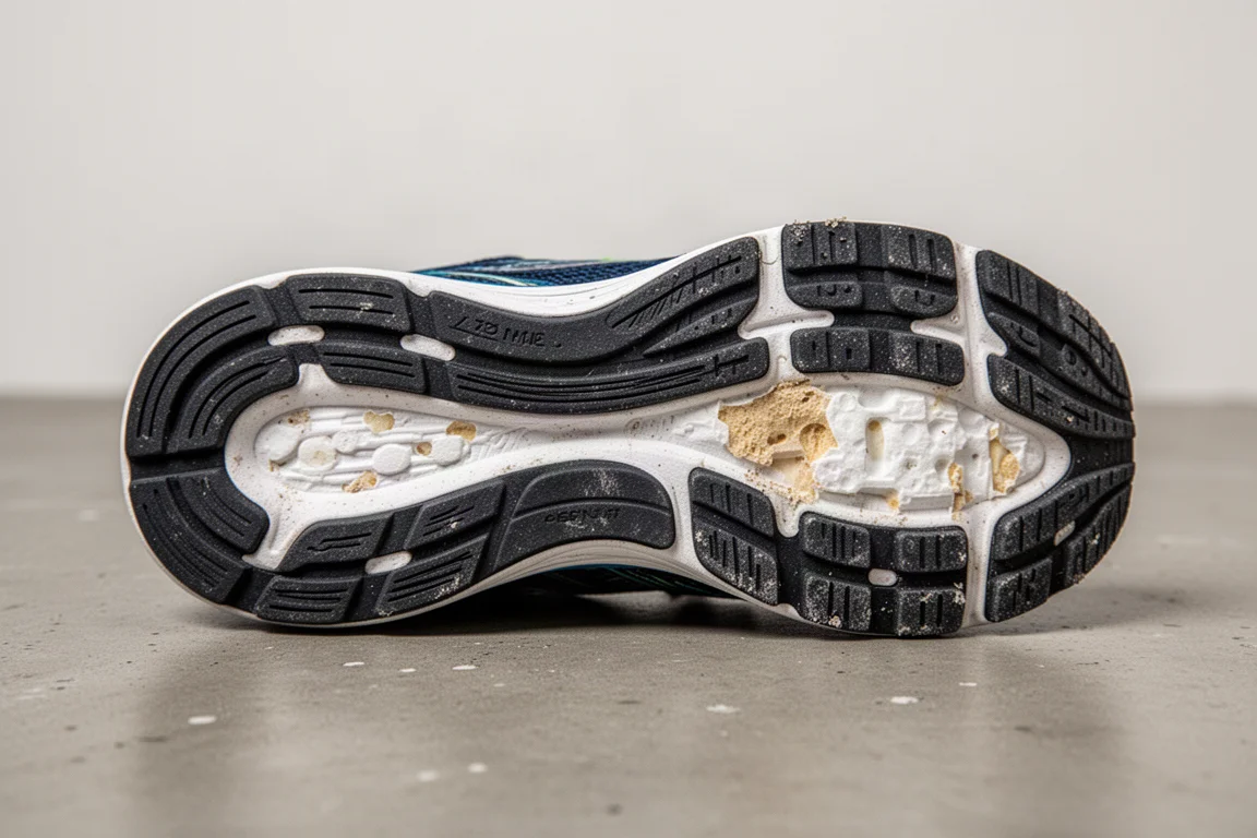 Close-up of worn running shoe outsole rubber after high mileage