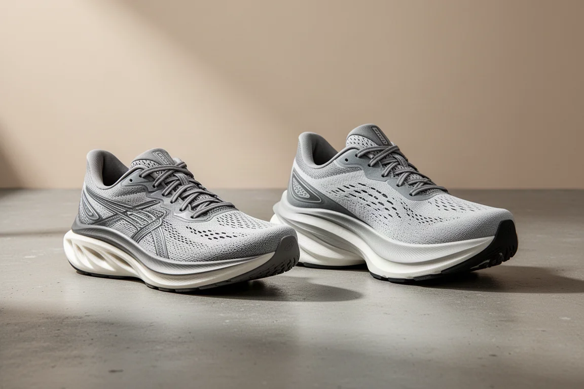 New Balance Rebel v4 and ASICS Novablast 4 running shoes side by side on concrete