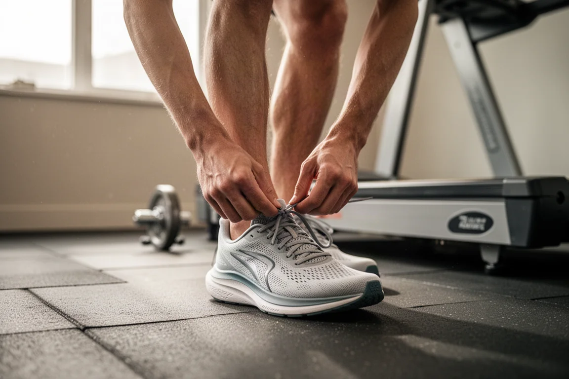 Runner tying the laces of a lightweight running shoe on a gym floor