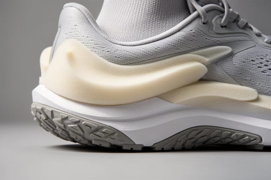 Close-up of a running shoe midsole showing the foam sidewall wrapping the foot
