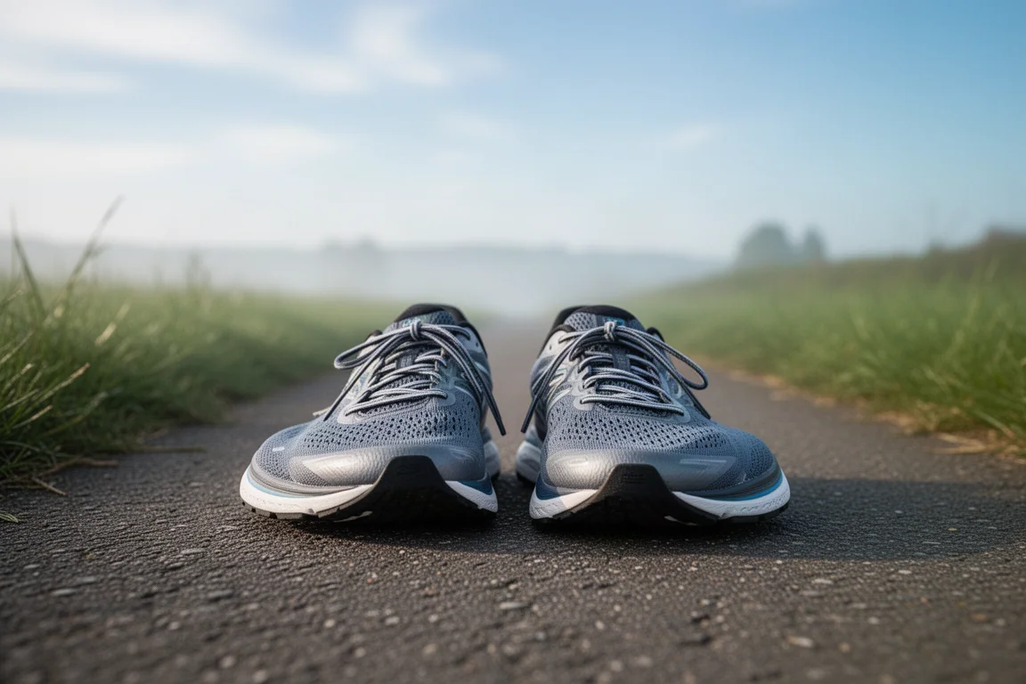 Running shoes side by side on an asphalt path after a training run