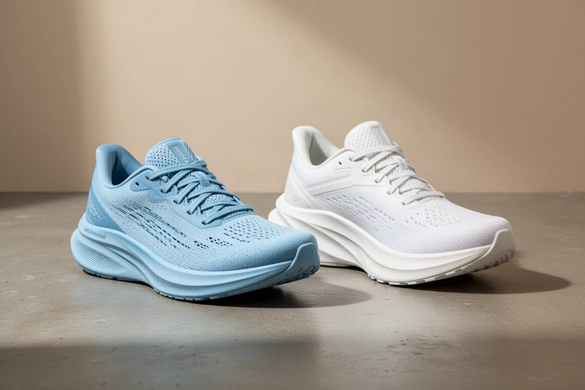 New Balance Rebel V4 and Hoka Mach 6 running shoes side by side on concrete