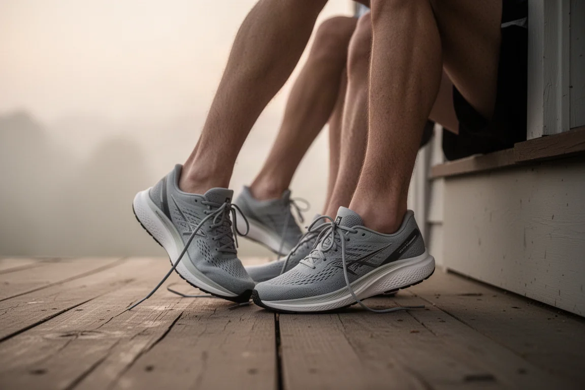 Runner lacing up lightweight running shoes on a concrete porch before an early morning run