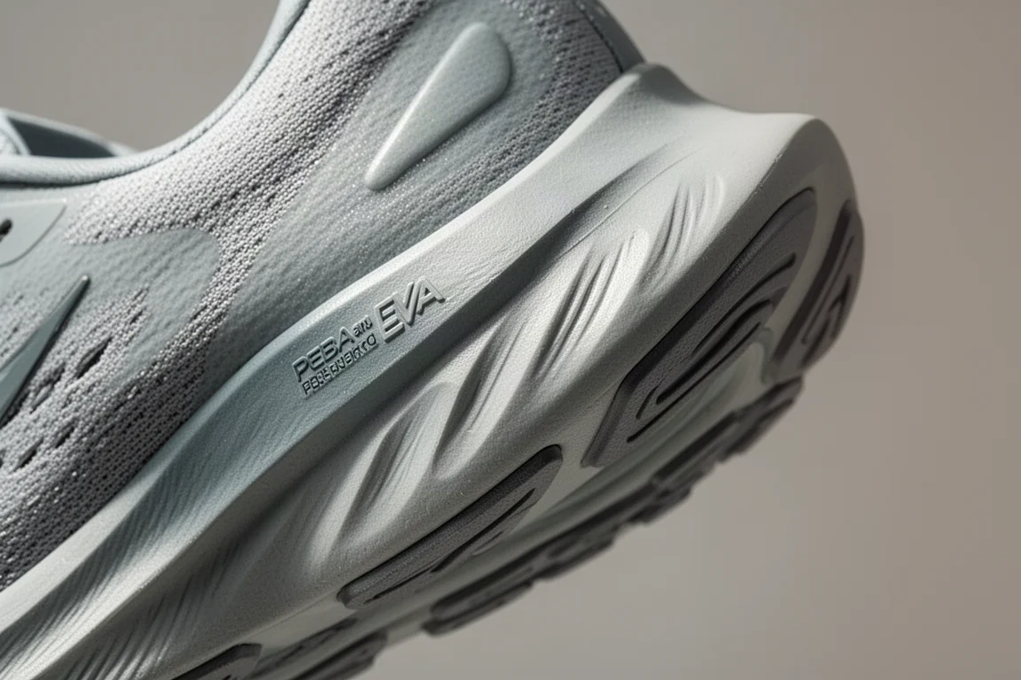 Close-up of running shoe midsole foam texture on a neutral surface