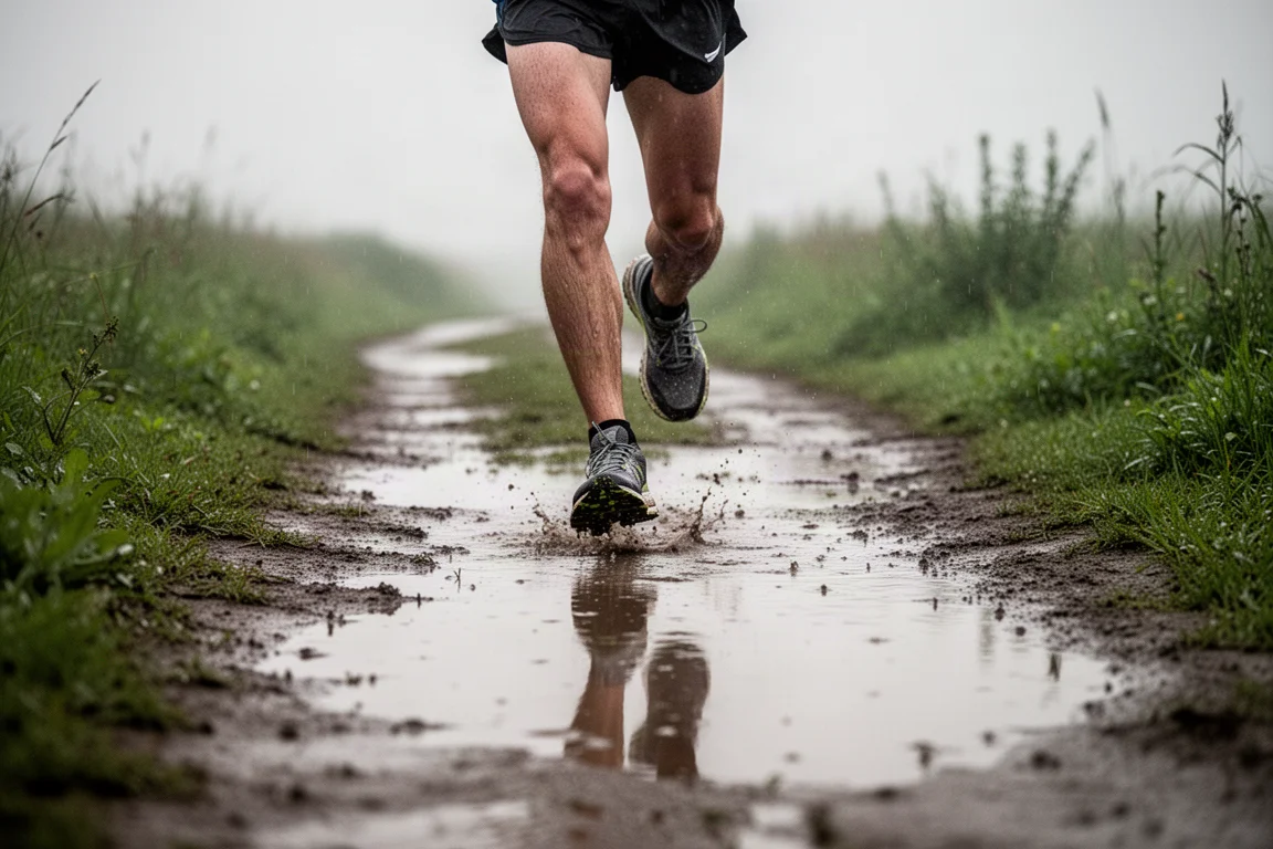 Runner crossing a muddy greenway trail on a rainy day