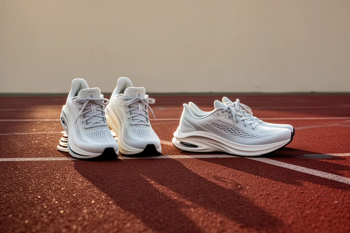 Two pairs of running shoes placed side by side on a track lane