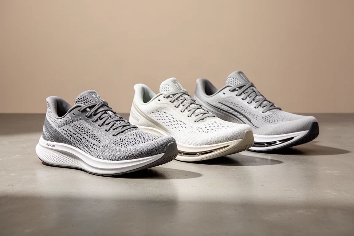 Three running shoes with different stack heights arranged on concrete