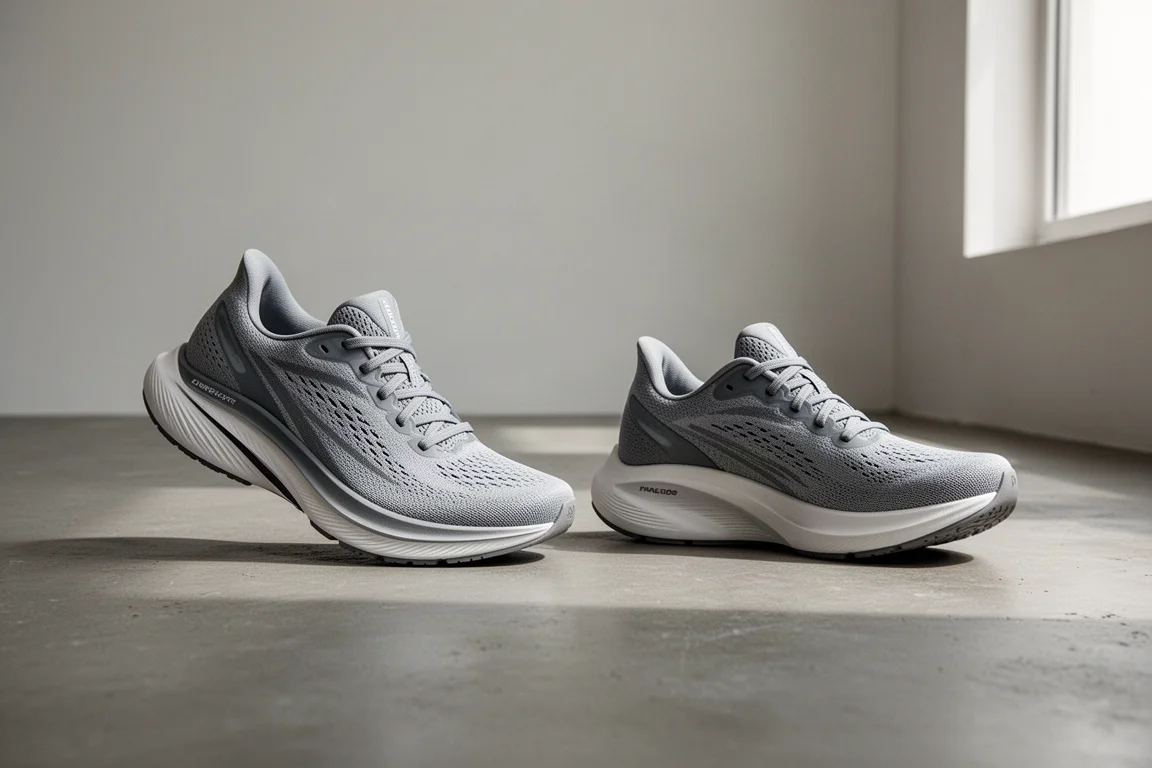 Zwei leichte Laufschuhe nebeneinander auf einem Betonboden platziert