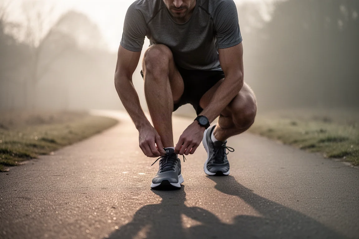 Läufer schnürt die Schuhe vor einem lockeren Lauf bei Sonnenaufgang