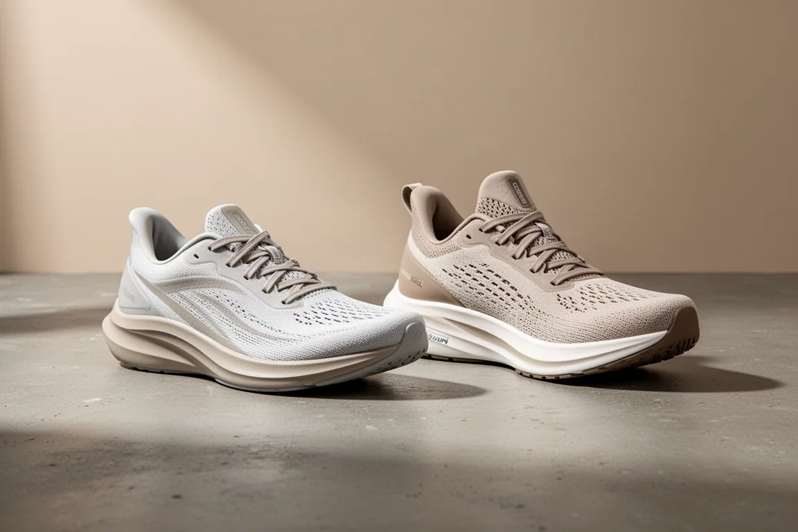 Two lightweight New Balance Rebel running shoes side by side on concrete