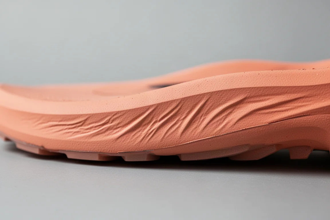 Primer plano de la espuma de mediasuela de una zapatilla de running mostrando sutiles arrugas de compresión