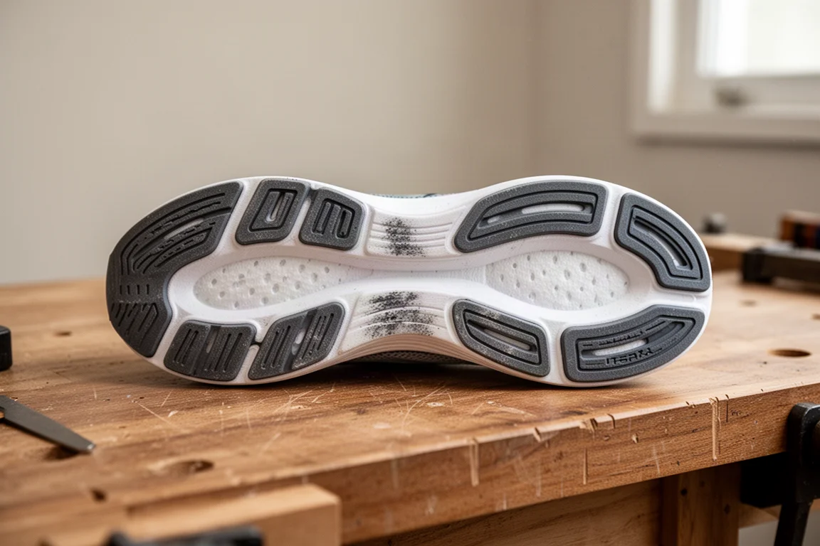 Suela exterior desgastada de una zapatilla de running mostrando un leve desgaste en el talón sobre un banco de trabajo