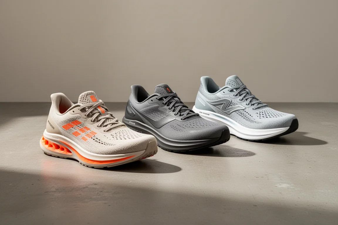Tre scarpe da running affiancate su una superficie di cemento