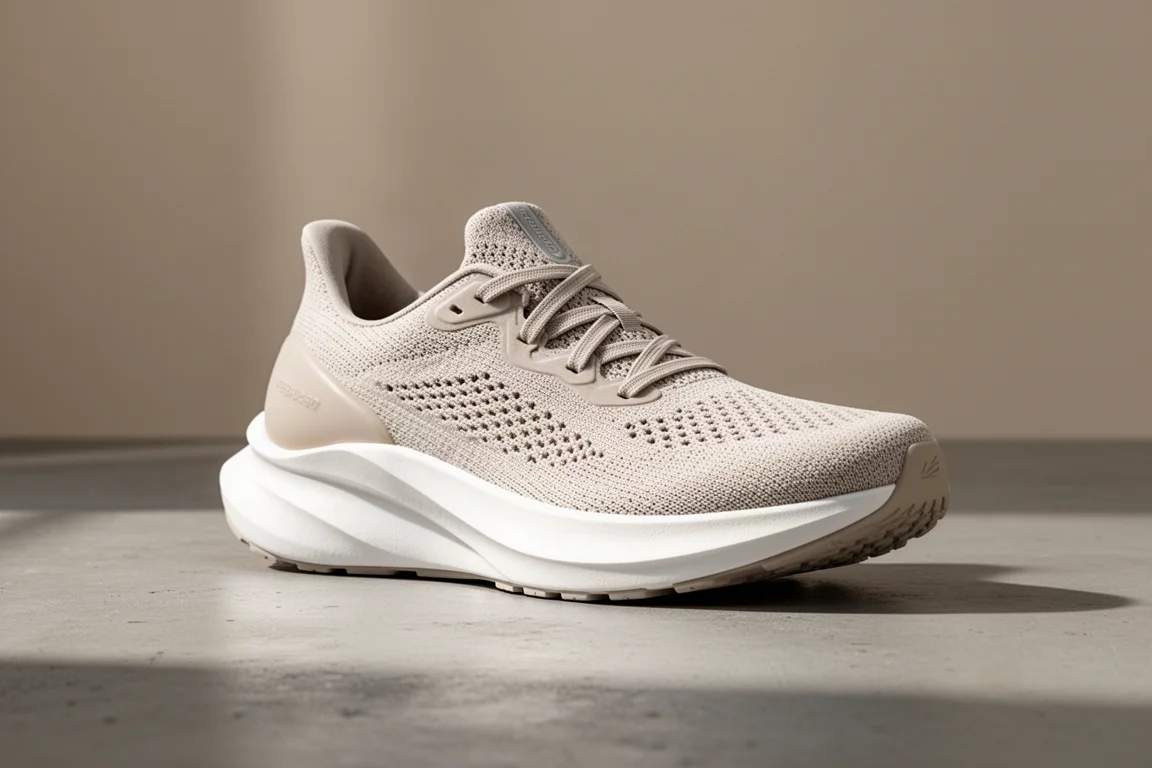 Lightweight running shoe with tall white foam midsole on concrete surface