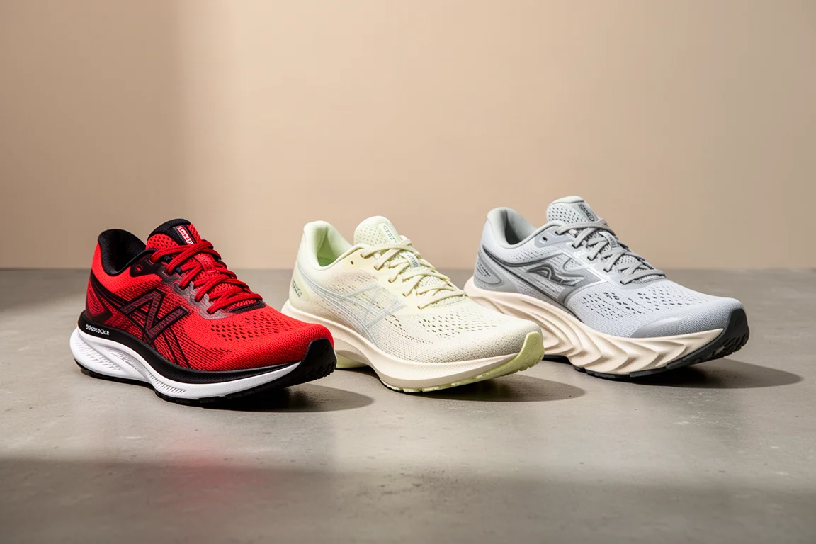 Tre scarpe da running daily trainer affiancate su una superficie in cemento