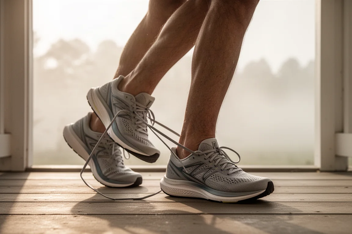 Runner lacing up a lightweight running shoe on a sunlit porch before a morning run