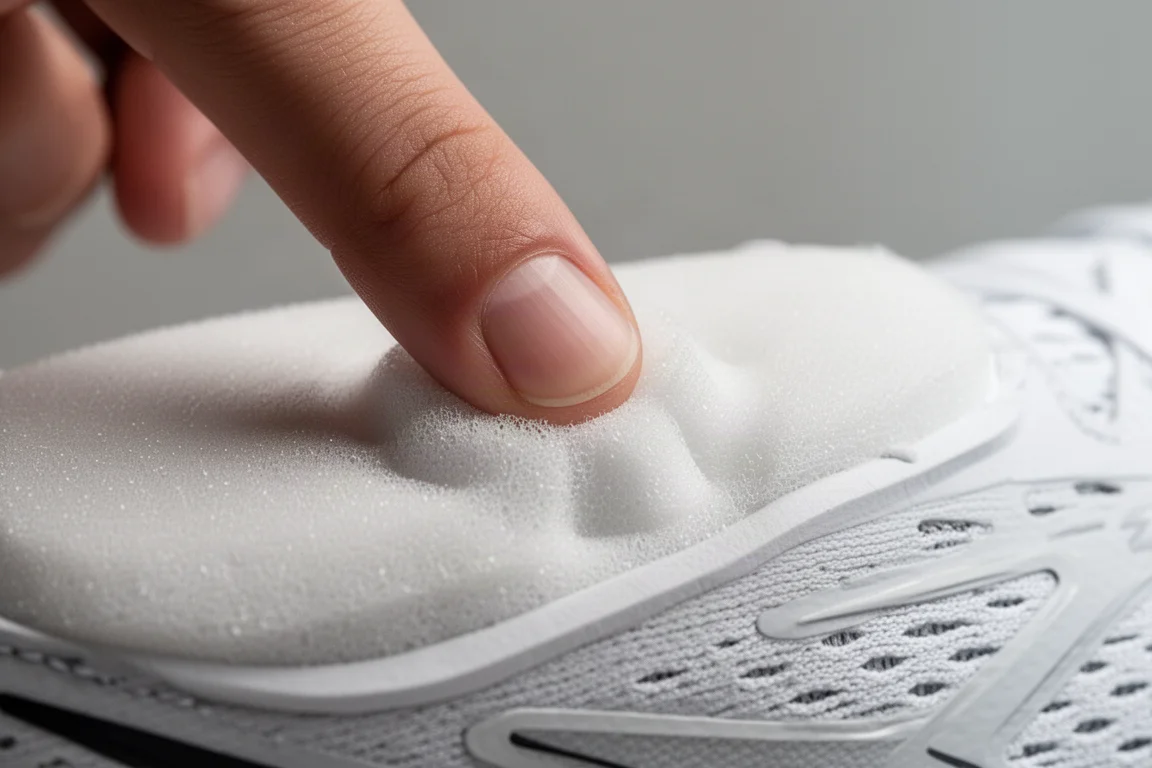 Running shoe midsole being pressed with a thumb to show foam softness