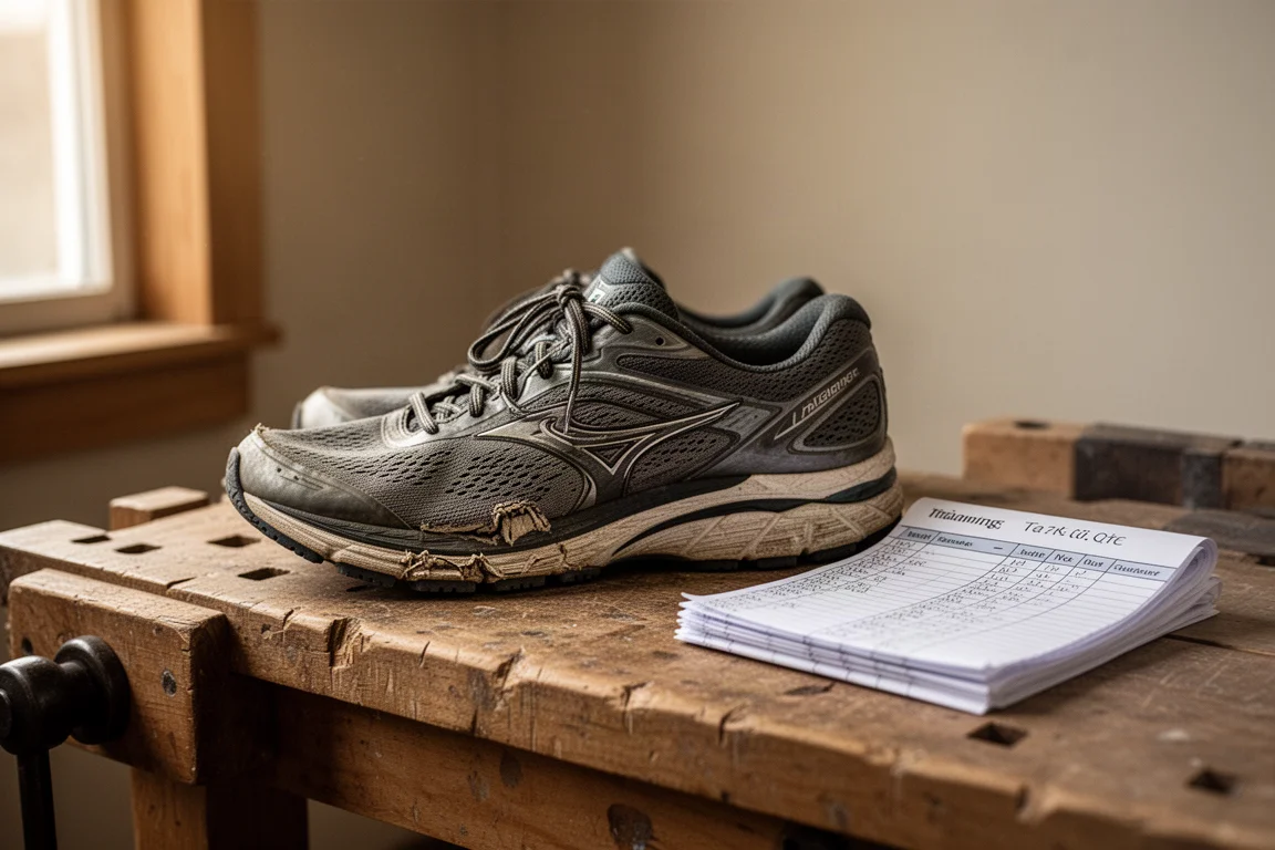 Worn running shoe outsole and upper after high mileage on a workbench