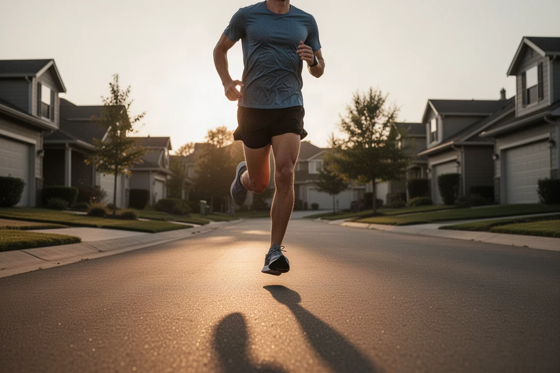 Runner cruising through quiet suburban streets in soft evening light