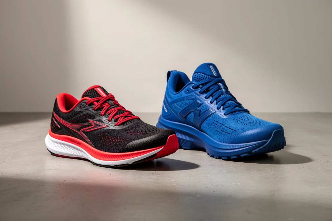 Two running shoes side by side on a concrete surface, one black and red, one blue