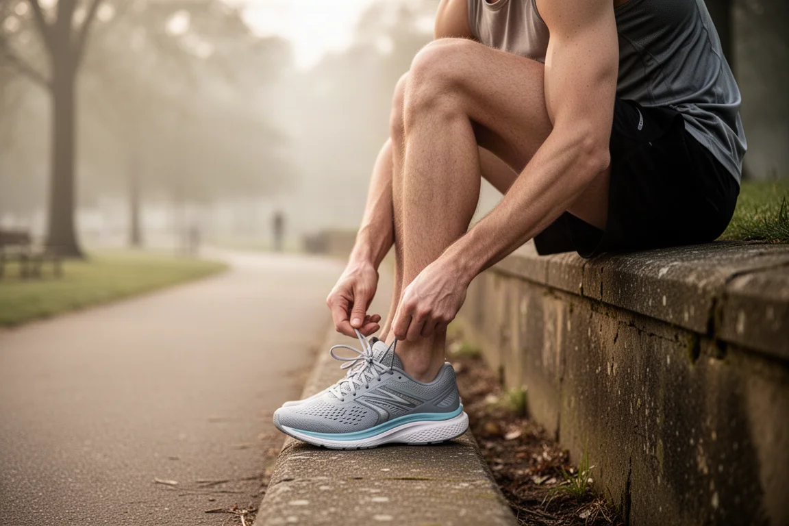 Coureur laçant des chaussures d'entraînement quotidien légères sur un sentier de parc au lever du soleil