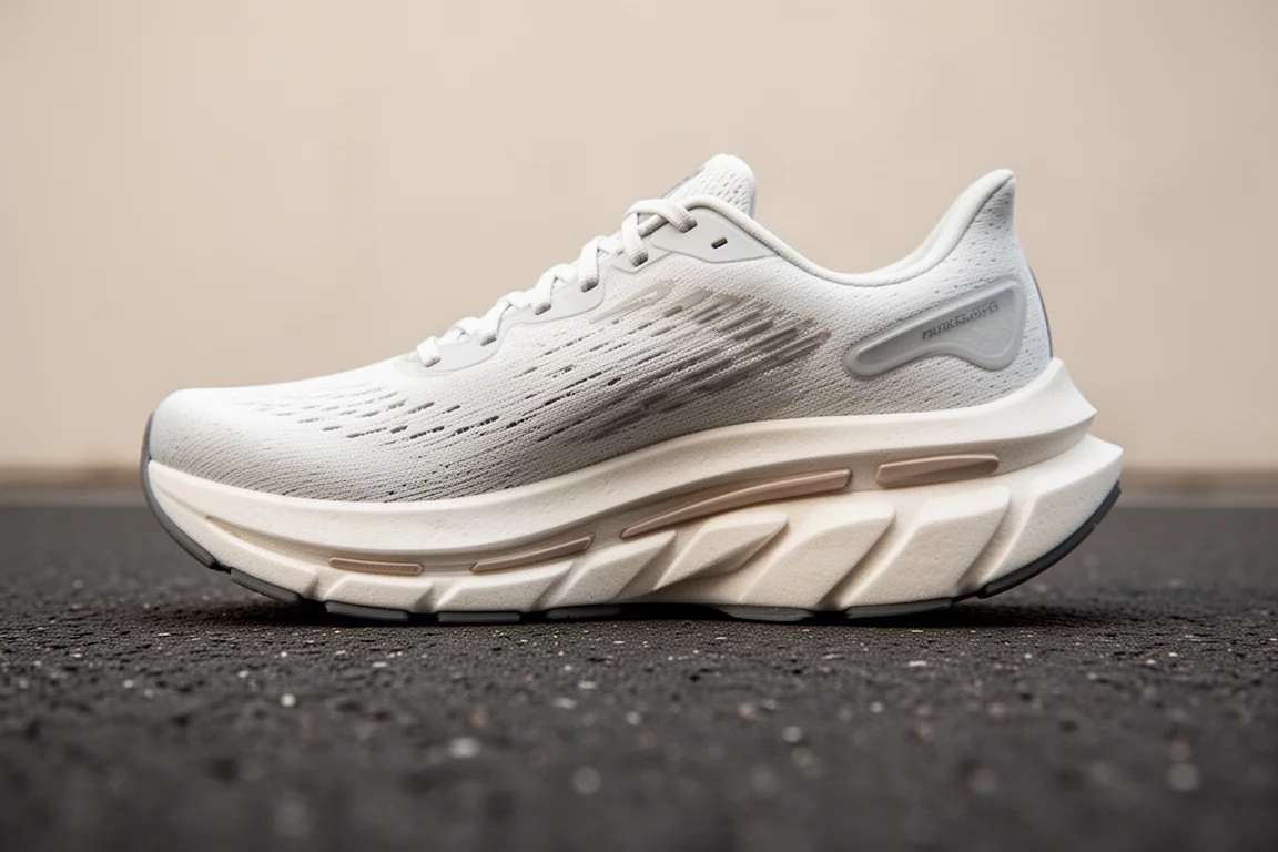 Gros plan sur la semelle intermédiaire large et bien amortie d'une chaussure de running sur du bitume