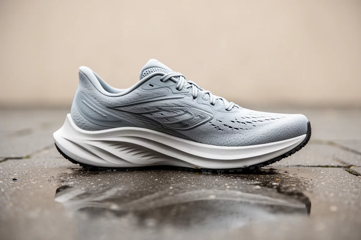 Gros plan sur une chaussure de running plus étroite avec une semelle d'usure adhérente sur chaussée mouillée