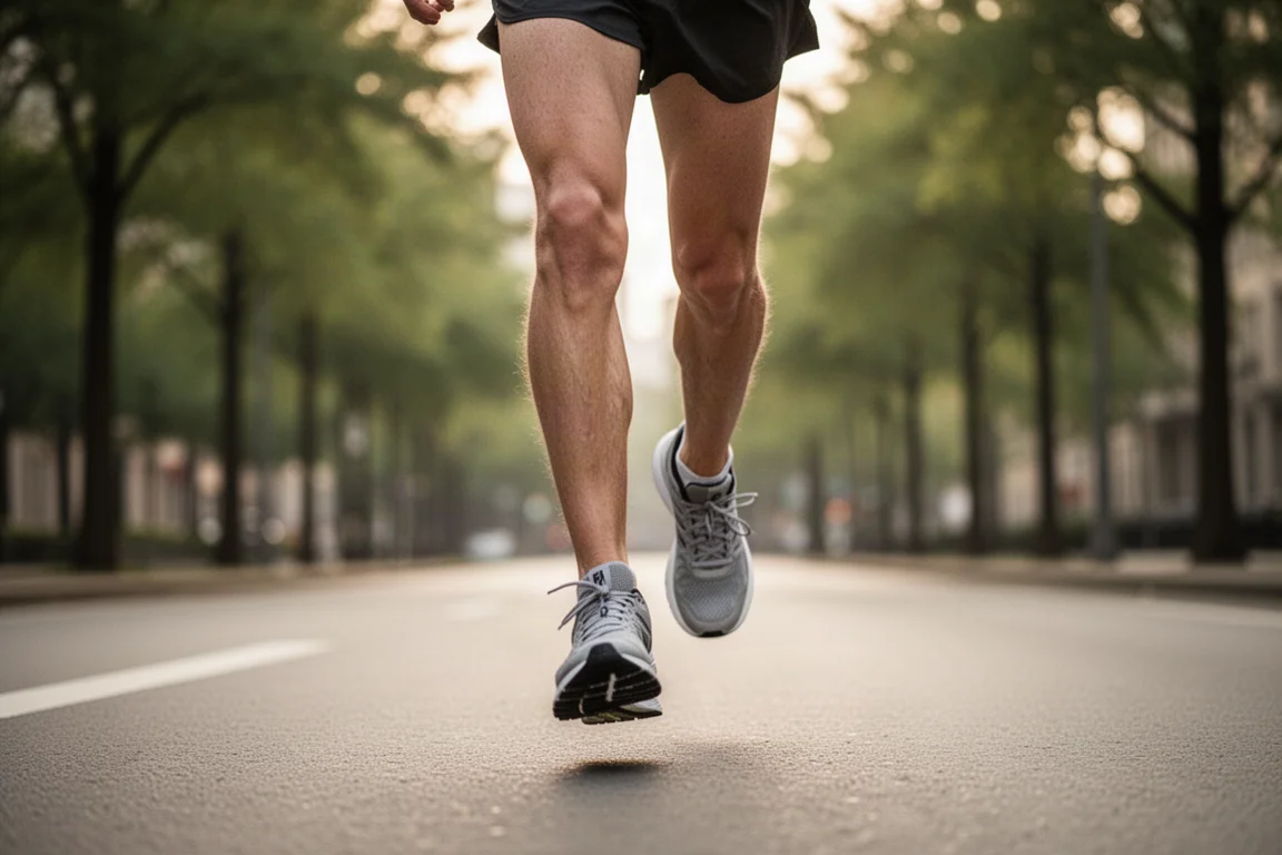 Coureur en allure facile sur une route urbaine bordée d'arbres