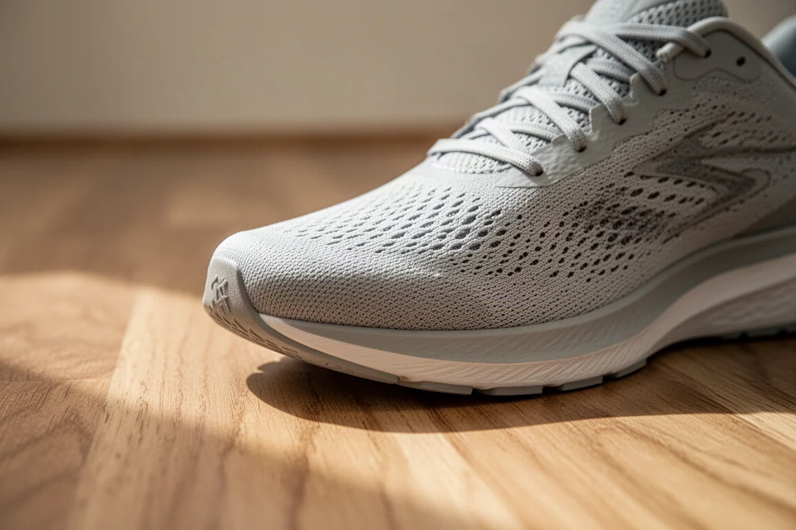 Close-up of a running shoe toe box showing forefoot room on a wooden floor