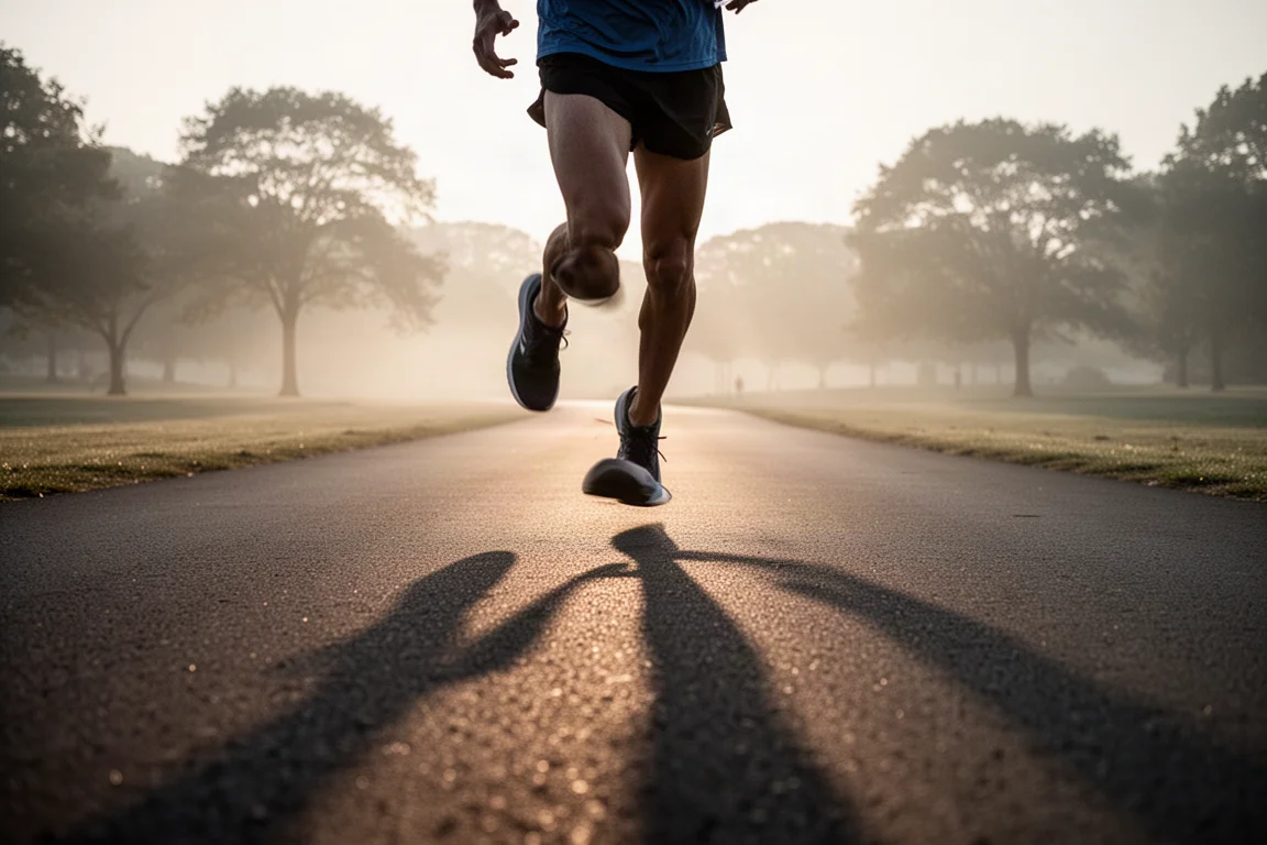 Runner's legs mid-stride on a tarmac road in soft morning light