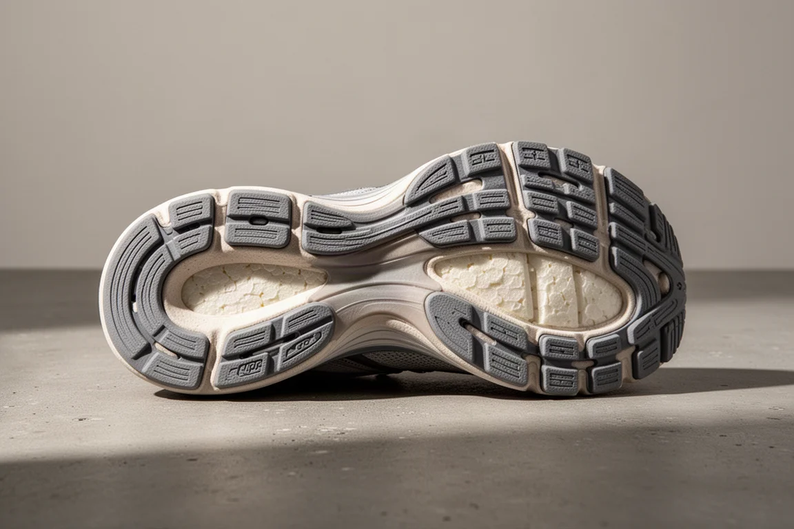 Outsole of a running shoe showing rubber coverage and exposed foam