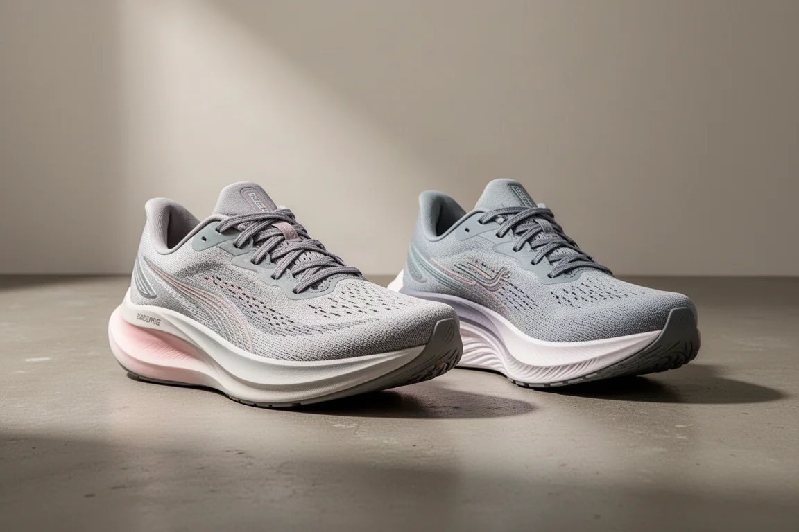 New Balance Rebel V5 and Saucony Endorphin Azura running shoes side by side on concrete